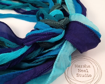 Hand Dyed Silk Ribbon: Dark Teal Blue Palette. Jewelry Supplies by Marsha Neal Studio