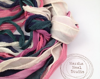 Hand Painted Silk Ribbon: Winter Paper Whites Palette. Jewelry Supplies by Marsha Neal Studio