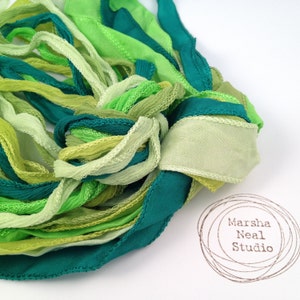 Hand Dyed Silk Ribbon: Bright Greens Palette. Jewelry Supplies by Marsha Neal Studio