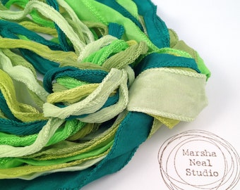 Hand Dyed Silk Ribbon: Bright Greens Palette. Jewelry Supplies by Marsha Neal Studio
