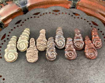 Ceramic Beads - One Pair - Swirl Spiral Tear Drop Design - Earring Sized Pairs - Marsha Neal Studio - Handmade Beads 9A