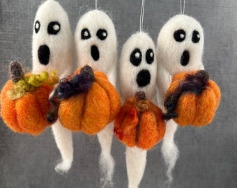 Needle Felted Ghost & Pumpkin Ornament: Handmade Halloween Decor