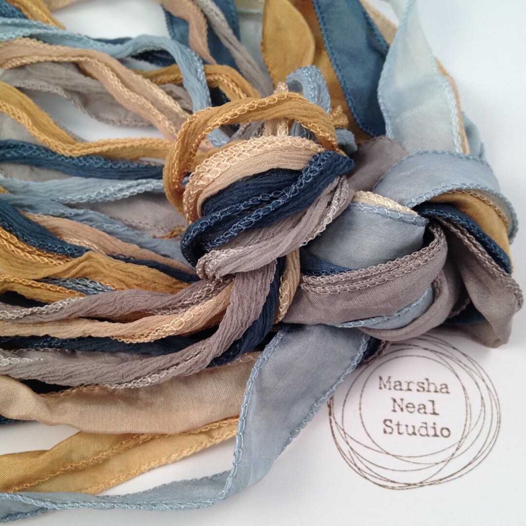 Hand Painted Silk Ribbon: Blue Gold Boho Palette. Jewelry Supplies by ...