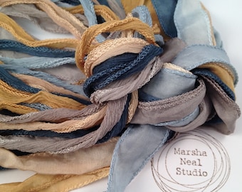 Hand Painted Silk Ribbon: Blue Gold Boho Palette. Jewelry Supplies by Marsha Neal Studio