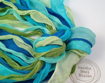 Hand Dyed Silk Ribbon: Caribbean Blue Green Palette. Jewelry Supplies by Marsha Neal Studio
