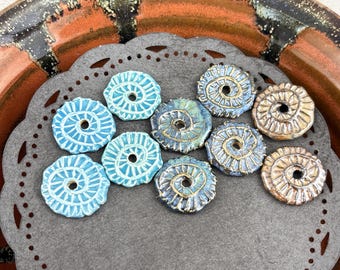 Handmade Ceramic Disc Beads: Textured Earring Sized Pairs by Marsha Neal Studio