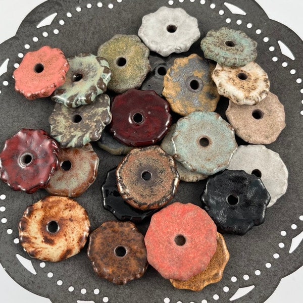 Handmade Ceramic Beads - Disc Beads - Flat Coin Beads - Chocolate Stoneware Clay - Rustic Glazes - Made to Order - Marsha Neal Studio