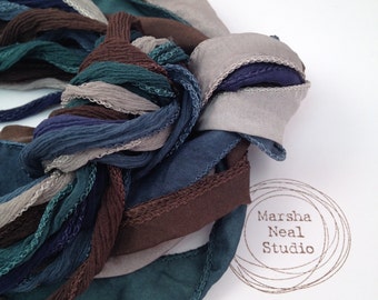 Hand Painted Silk Ribbon: Evening Forest Palette, Jewelry Supplies by Marsha Neal Studio