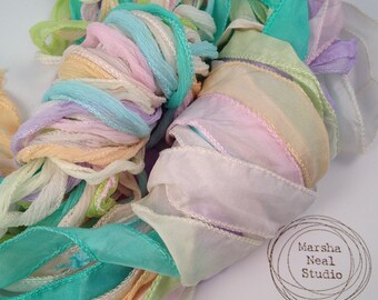 Hand Painted Silk Ribbon: Pastel Color Palette, Jewelry Supplies by Marsha Neal Studio