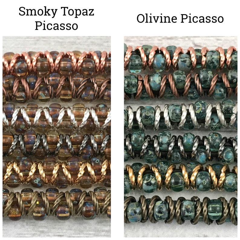 May include: Two close-up images of beaded jewelry with the text "Smoky Topaz Picasso" and "Olivine Picasso". The first image shows a brown and copper beaded bracelet. The second image shows a green and copper beaded bracelet.