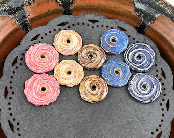 Handmade Ceramic Coin Shaped Bead Pairs. Spiral Textured Design by Marsha Neal Studio