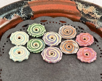 Ceramic Beads - One Pair - Spiral Design - Earring Sized Pairs - Ready to Ship - Marsha Neal Studio - Handmade Beads 3A
