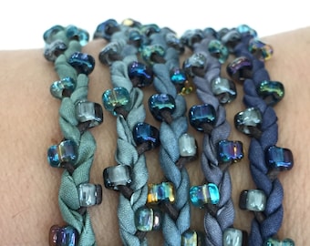 DIY Silk Wrap Bracelet or Silk Cord Kit Handmade Crafts DIY Kit You Make Five Adult Friendship Bracelets in Stormy Waters Palette