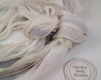 Hand Dyed Silk Ribbons: Wedding White Ivory Gray Palette by Marsha Neal Studio