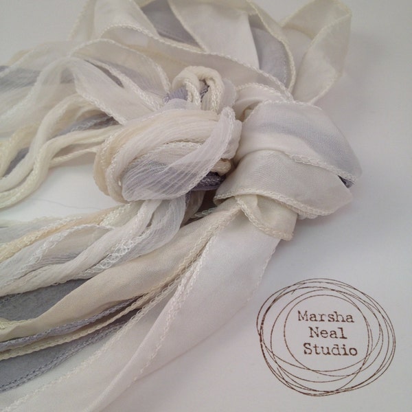 Hand Dyed Silk Ribbon - Silky Ribbon - Fairy Ribbon - Jewelry Supplies - Wrap Bracelet - Craft Supplies - Wedding White Ivory Gray Palette