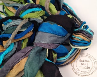 Silk Ribbon - Hand Painted Silk - Silky Ribbon - Fairy Ribbon - Jewelry Supplies - Wrap Bracelet - Craft Supplies - Blue Green Waters 3 Type