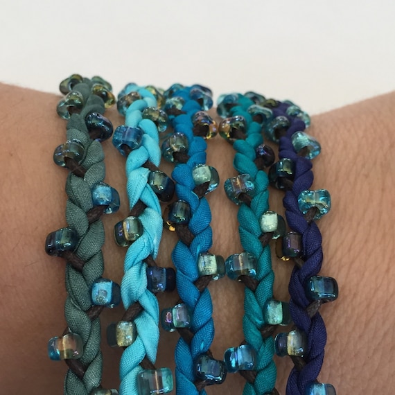 DIY Silk Wrap Bracelet Supplies or Silk Cord Kit DIY Craft Kit Makes Five  Adult Friendship Bracelets in Dk Teal Blue Green Marshanealstudio 