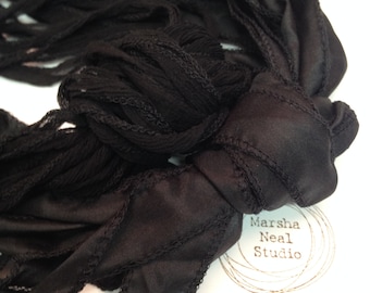 Hand Dyed Silk Ribbon - All Black Silky or Fairy Ribbon. Jewelry & Craft Supplies