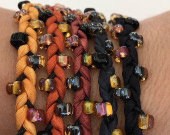 DIY Wrap Silk Bracelet or Cord Kit You Make Five Adult Friendship Bracelets in Halloween Orange and Black Palette