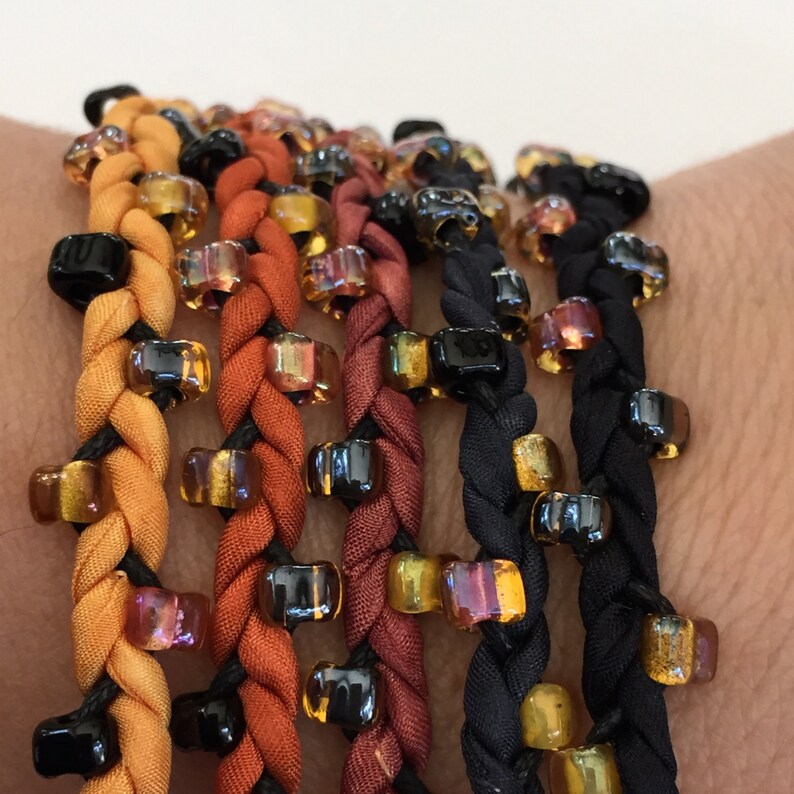 DIY Wrap Silk Bracelet or Cord Kit You Make Five Adult Friendship Bracelets in Halloween Orange and Black Palette image 1