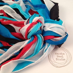 Hand Dyed Silk Ribbon: Red White Blue Black Palette by Marsha Neal Studio