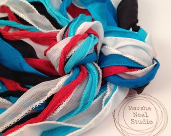 Hand Dyed Silk Ribbon: Red White Blue Black Palette by Marsha Neal Studio