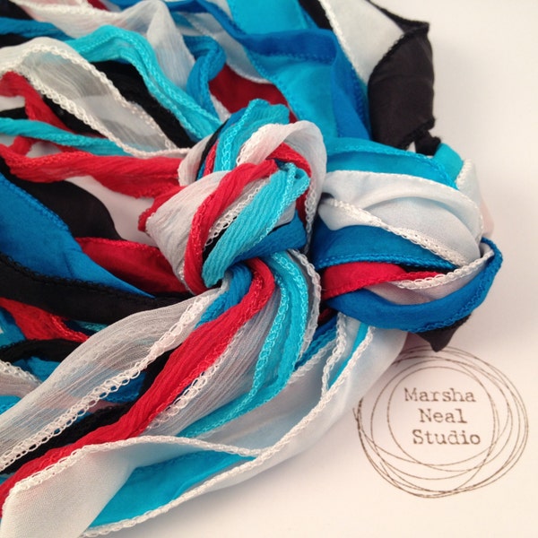 Hand Dyed Silk Ribbon - Silky Ribbon - Fairy Ribbon - Jewelry Supplies - Wrap Bracelet - Craft Supplies - Red White Blue Black Palette