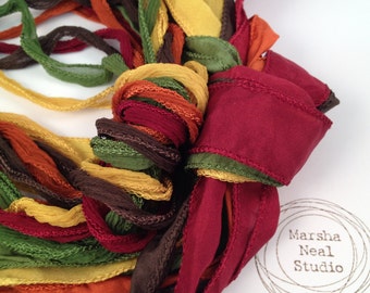 Hand Dyed Silk Ribbon: Autumn Fall Foliage Palette, Jewelry Supplies by Marsha Neal Studio