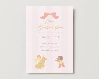 Golden birthday invitation / editable one year invite / pink baby girl first birthday / Canva template / instant download