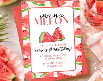 Invitación de primer cumpleaños "One in a Melon" / Invitación para fiesta de verano con temática de sandía (Descarga digital)