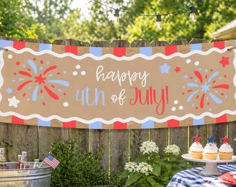 Pancarta de Feliz 4 de Julio / Decoración Patriótica para Fiestas en Rojo, Blanco y Azul (Descarga Digital)