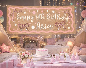Banner de cumpleaños número 13 con lazo rosa / Plantilla editable de Canva (Descarga digital)