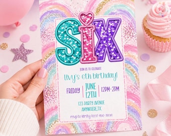 Invitación de cumpleaños número seis con lentejuelas de arcoíris pastel / Fiesta con purpurina para niñas (Descarga digital)