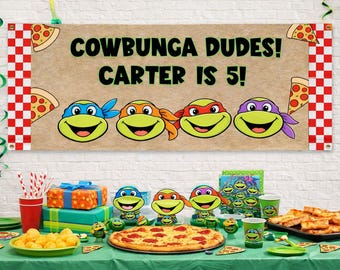 Pancarta de cumpleaños de las Tortugas Ninja / Decoración personalizada para fiesta de pizza Cowabunga (Descarga digital)