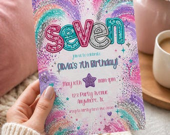 Invitación de cumpleaños con lentejuelas de arcoíris pastel para niñas / Fiesta con purpurina (Descarga digital)