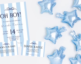 Editable Oh Boy Baby Shower Invitation, Striped Design (Digital)