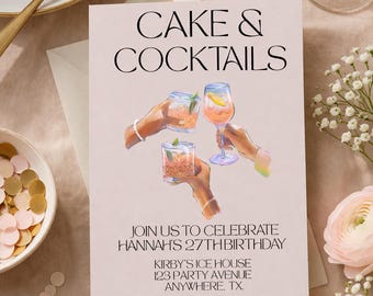 Invitación de cumpleaños con pastel y cócteles / Invitación para una elegante fiesta nocturna de chicas (Descarga digital)