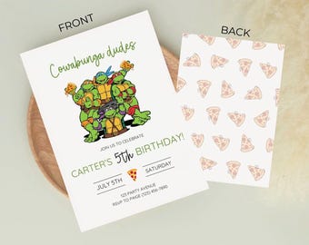 Invitation d'anniversaire modifiable de tortue Ninja : dos de pizza, mecs de Cowabunga (téléchargement numérique), t34t