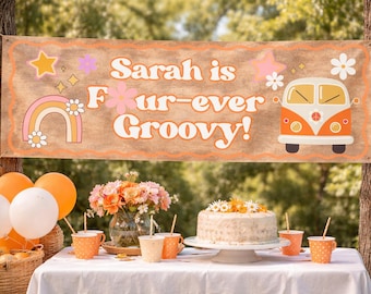 Banner de cumpleaños "Four Ever Groovy" / Camioneta retro de los 70 con margaritas y arcoíris (Descarga digital)