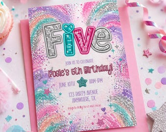 Invitación de 5º cumpleaños / Invitación con lentejuelas de arcoíris pastel (Descarga digital)