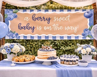Banner para baby shower con temática de bayas / Decoración de arándanos (plantilla editable de Canva)