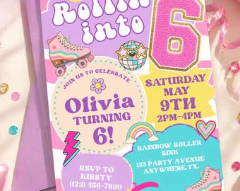 Invitación de cumpleaños número 6 con temática retro de patines / Invitación a fiesta disco (Descarga digital)
