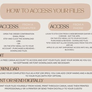 Puede incluir: Infograf&iacute;a beige y blanca con instrucciones sobre c&oacute;mo acceder a archivos digitales de Etsy. El texto incluye pasos para acceder a archivos desde una computadora o tel&eacute;fono, editar, descargar e imprimir. El dise&ntilde;o es limpio y f&aacute;cil de leer.