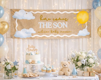 Banner para baby shower "Aquí viene el hijo" / Decoración de bienvenida para bebé "Nubes soleadas"
