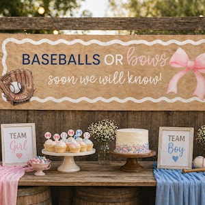 May include: A rustic wooden table decorated for a gender reveal party. The banner reads "Baseballs or Bows, soon we will know!" with pink and blue balloons, cupcakes, and a cake. A baseball and a baseball bat are also on the table.