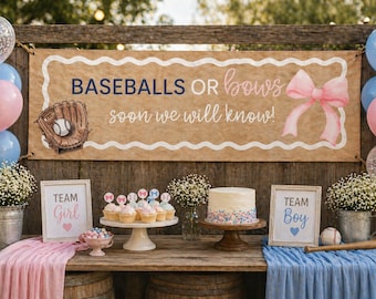 Pancarta para revelar el sexo del bebé con temática deportiva: pelotas de béisbol o lazos (descarga digital)