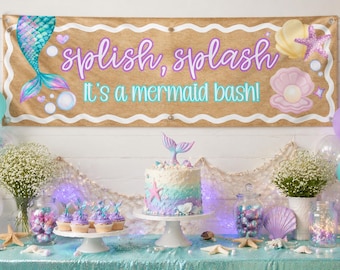 Banner de cumpleaños de sirena / Letrero de fiesta temática de chapoteos / Decoración para fiesta bajo el mar (Descarga digital)