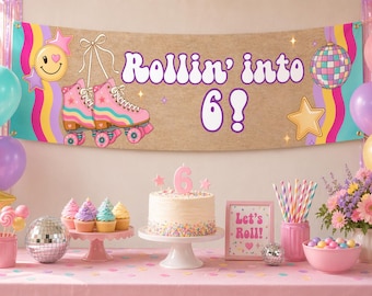 Pancarta de cumpleaños retro con patines para el sexto cumpleaños / Decoración para fiesta disco (Descarga digital)
