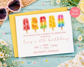 Invitación de cumpleaños con diseño de paleta de helado / Invitación para fiesta de verano en acuarela (descarga digital de 7x5)