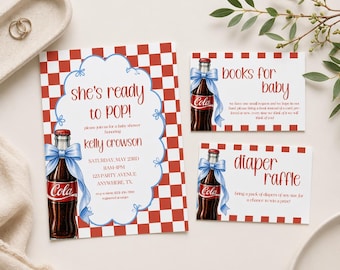 ¡Está a punto de dar a luz! / Set de invitaciones para baby shower con temática retro de cola e insertos.